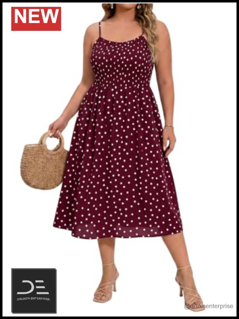 Plus Size Midi Dress Smocked Polka Dot Square Neck Sleeveless A-Line
